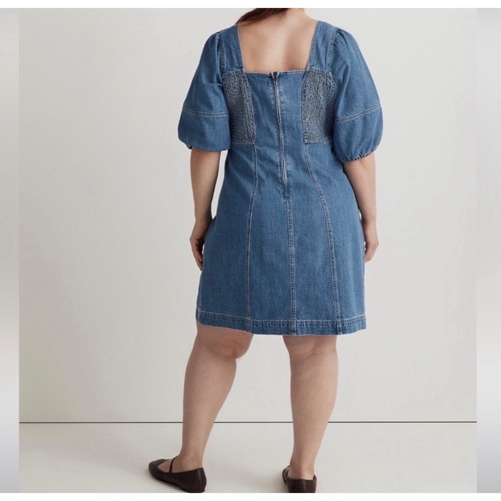 Madewell Denim Square Neck Puff Sleeve Mini Dress Blue Size 16W Pockets Cotton - Picture 3 of 14